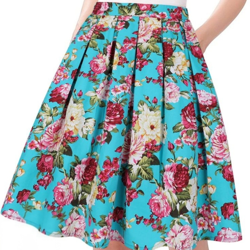 NWOT Taydey Retro Floral Turquoise & Rose Pleated Midi Skirt W Pockets! Sz. L 🎲